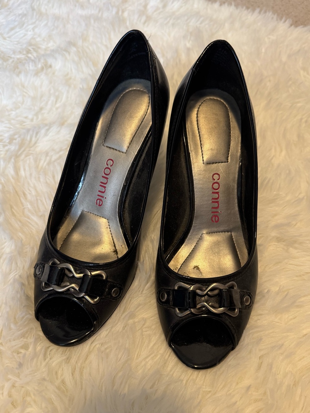 Connie Black Patent Peep-Toe Pumps